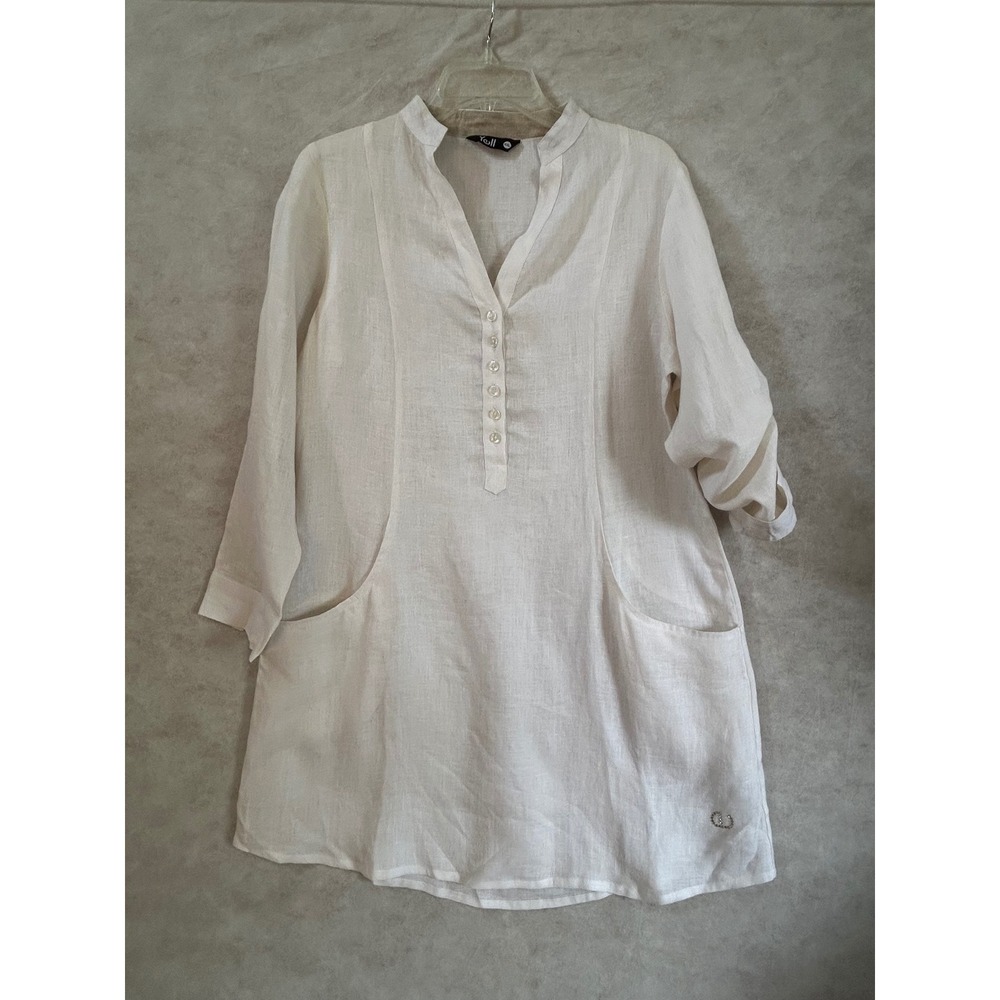 Yell Women XXL White 100% Linen Tunic Roll Tab Sleeve Pocket Longline Top